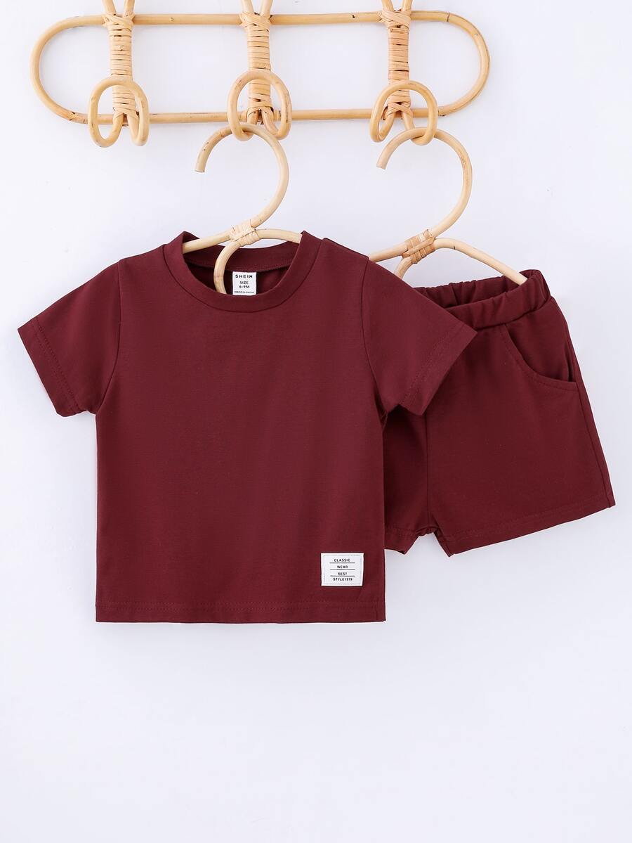 Baby Boy Letter Patched Tee With Track Shorts - Burgundy - View 1