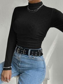 SHEIN EZwear 休闲纯色立领长袖T恤，秋冬季 - 黑色 - 查看 1