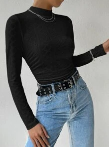 SHEIN EZwear 休闲纯色立领长袖T恤，秋冬季 - 黑色 - 查看 3