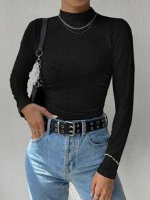 SHEIN EZwear 休闲纯色立领长袖T恤，秋冬季 - 黑色 - 查看 4