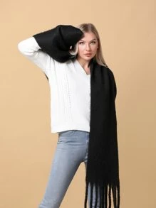 1pc Solid Women Scarf With Tassel Hem For Outdoor Activities, Windproof & Warm Shawl , Suitable For Daily Use Accessories Women Winter Scarf - Black - View 2