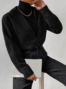 SHEIN Essnce Áo sơ mi nữ màu trơn Giải trí - màu đen - Xem 3