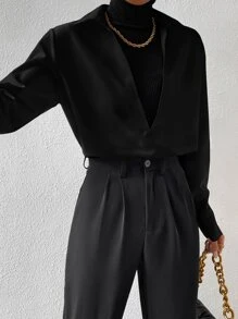 SHEIN Essnce Áo sơ mi nữ màu trơn Giải trí - màu đen - Xem 4