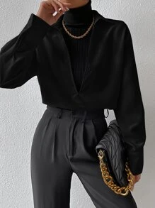 SHEIN Essnce Áo sơ mi nữ màu trơn Giải trí - màu đen - Xem 6