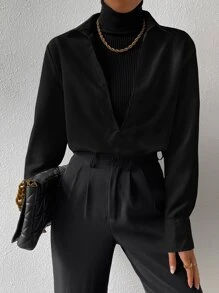 SHEIN Essnce Áo sơ mi nữ màu trơn Giải trí - màu đen - Xem 7