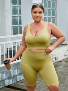 Plus Ruched Detail Sports Set - Olive Green - View 3