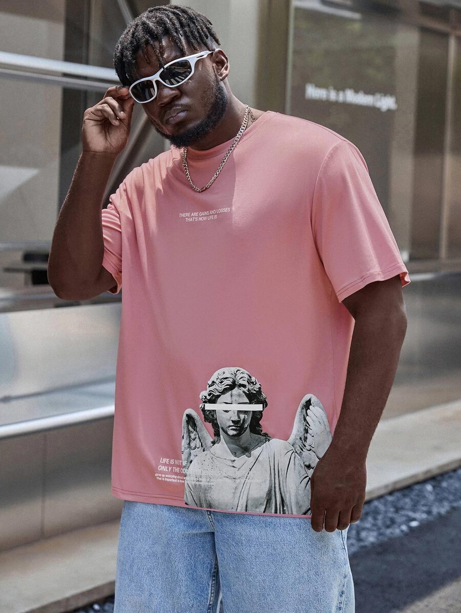 Manfinity Men Plus Slogan & Statue Print Tee - Dusty Pink - View 1