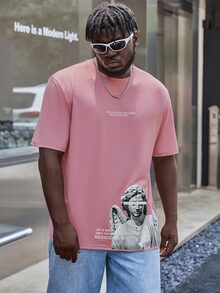 Manfinity Men Plus Slogan & Statue Print Tee - Dusty Pink - View 3