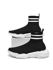 Men Striped Graphic High Top Sock Sneakers - Black - View 2