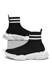 Men Striped Graphic High Top Sock Sneakers - Black - View 3