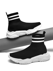 Men Striped Graphic High Top Sock Sneakers - Black - View 4