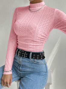 Muchica 女士刺绣镂空褶裥领休闲长袖T恤 - 淺粉色 - 查看 1