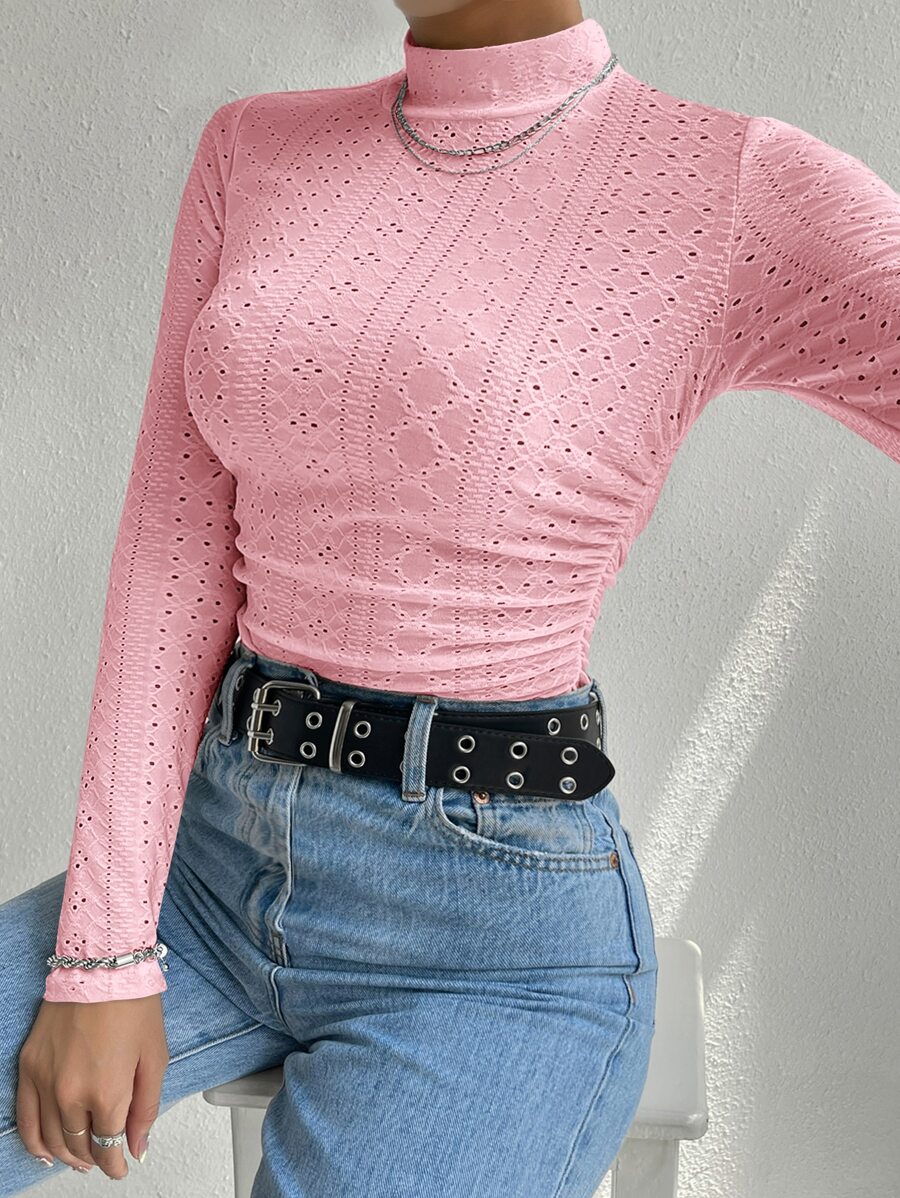 Muchica 女士刺绣镂空褶裥领休闲长袖T恤 - 淺粉色 - 查看 1