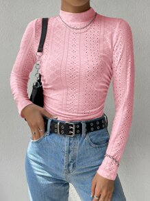 Muchica 女士刺绣镂空褶裥领休闲长袖T恤 - 淺粉色 - 查看 4