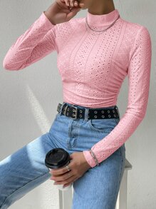 Muchica 女士刺绣镂空褶裥领休闲长袖T恤 - 淺粉色 - 查看 5