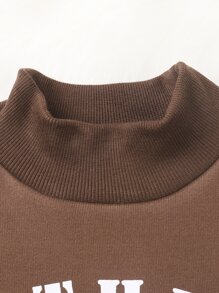 SHEIN 適合十幾歲女生的字樣圖案高領保暖毛衣和運動長褲 - 咖啡棕 - 查看 5