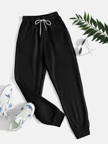 SHEIN PETITE Slant Pocket Drawstring Sweatpants - Black - View 1