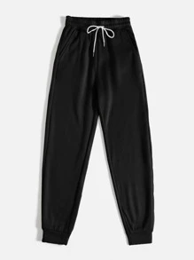 SHEIN PETITE Slant Pocket Drawstring Sweatpants - Black - View 4