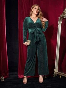 Plus Surplice Neck Belted Velvet Jumpsuit - Dark Green - View 5