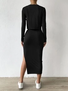 SHEIN Essnce Ribbed Knit Button Front Top & Split Thigh Bodycon Dress - Black - View 2