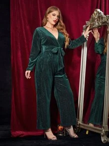 Plus Surplice Neck Belted Velvet Jumpsuit - Dark Green - View 4