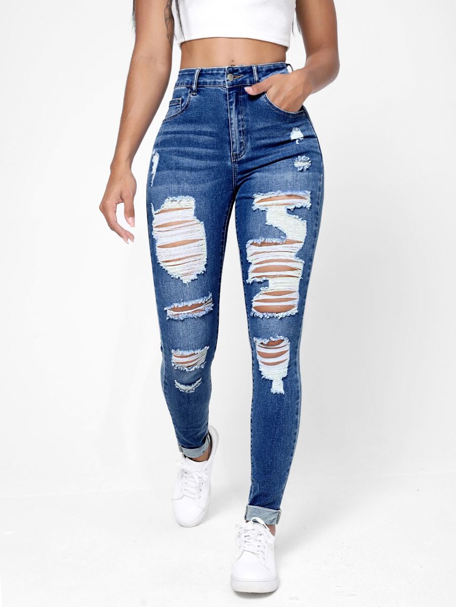 SHEIN Essnce Ripped Frayed Slant Pocket Skinny Jeans - Medium Wash - View 1