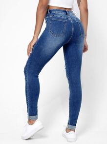 SHEIN Essnce Ripped Frayed Slant Pocket Skinny Jeans - Medium Wash - View 2