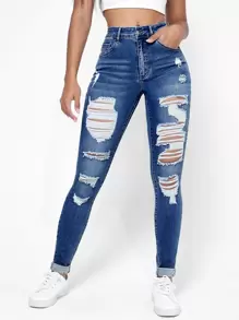 SHEIN Essnce Ripped Frayed Slant Pocket Skinny Jeans - Medium Wash - View 3