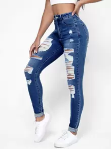SHEIN Essnce Ripped Frayed Slant Pocket Skinny Jeans - Medium Wash - View 4