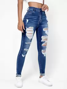 SHEIN Essnce Ripped Frayed Slant Pocket Skinny Jeans - Medium Wash - View 5