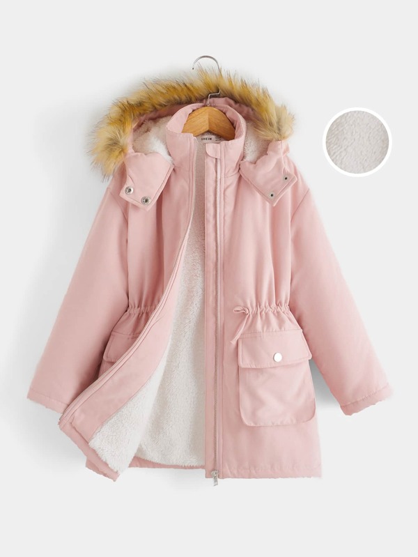 SHEIN Girls Fuzzy Trim Drawstring Waist Hooded Parka Coat