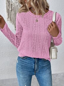 SHEIN LUNE 素色網眼刺繡T恤 - 淺粉色 - 查看 1