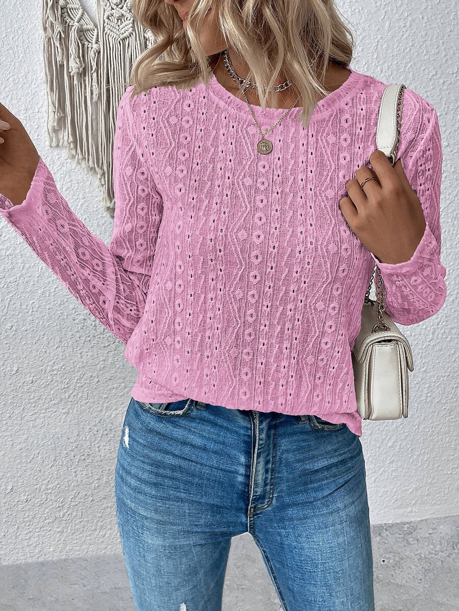 SHEIN LUNE 素色網眼刺繡T恤 - 淺粉色 - 查看 1