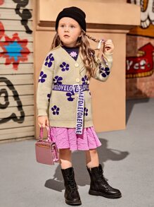SHEIN Toddler Girls Floral Pattern Drop Shoulder Cardigan With Belt - Khaki - View 1