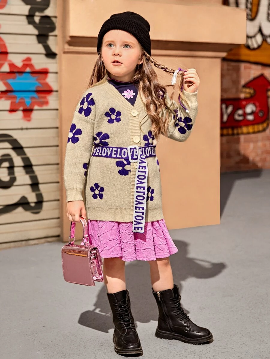 SHEIN Toddler Girls Floral Pattern Drop Shoulder Cardigan With Belt - Khaki - View 1