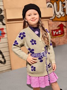 SHEIN Toddler Girls Floral Pattern Drop Shoulder Cardigan With Belt - Khaki - View 4