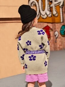 SHEIN Toddler Girls Floral Pattern Drop Shoulder Cardigan With Belt - Khaki - View 5