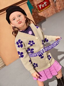 SHEIN Toddler Girls Floral Pattern Drop Shoulder Cardigan With Belt - Khaki - View 6