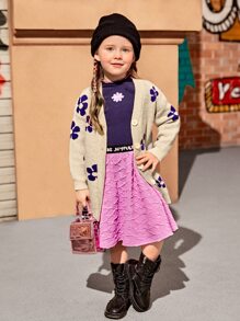 SHEIN Toddler Girls Floral Pattern Drop Shoulder Cardigan With Belt - Khaki - View 7