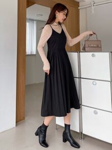 DAZY Đầm Xếp li màu trơn Giải trí - màu đen - Xem 3