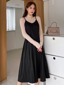 DAZY Đầm Xếp li màu trơn Giải trí - màu đen - Xem 4