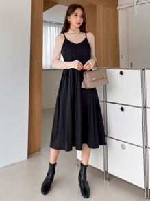 DAZY Đầm Xếp li màu trơn Giải trí - màu đen - Xem 5