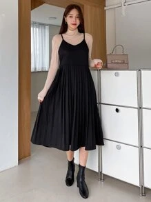 DAZY Đầm Xếp li màu trơn Giải trí - màu đen - Xem 6