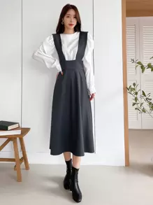 DAZY Zip Back Suspender Dress Without Blouse - Dark Grey - View 3