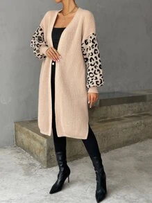 SHEIN LUNE 豹紋圖案下擺開叉落肩袖開襟開衫不附腰帶 - 卡其色 - 查看 6