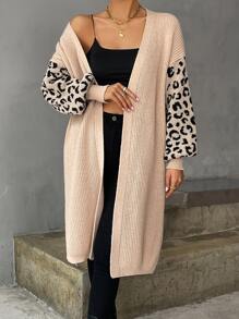 SHEIN LUNE 豹紋圖案下擺開叉落肩袖開襟開衫不附腰帶 - 卡其色 - 查看 3