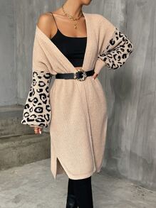 SHEIN LUNE 豹紋圖案下擺開叉落肩袖開襟開衫不附腰帶 - 卡其色 - 查看 5