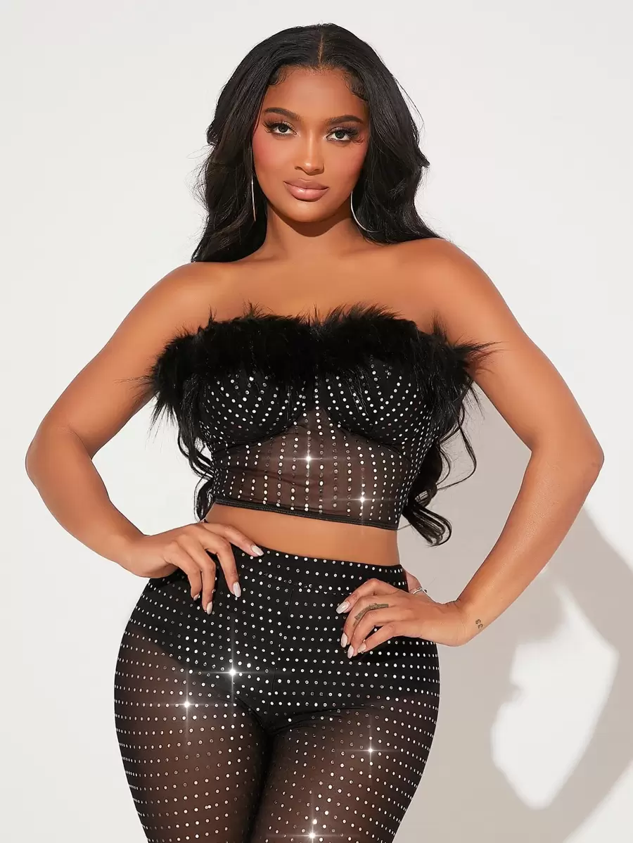 SHEIN SXY Sequin Detail Fuzzy Trim Mesh Tube Top - Black - View 1