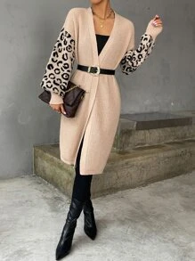 SHEIN LUNE 豹紋圖案下擺開叉落肩袖開襟開衫不附腰帶 - 卡其色 - 查看 4