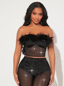 SHEIN SXY Sequin Detail Fuzzy Trim Mesh Tube Top - Black - View 5